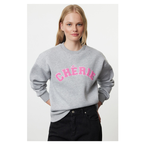 Trendyol Gray Melange Thick Inside Fleece Oversize/Relaxed Cut Slogan Embroidered Knitted Sweats