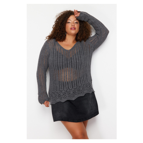 Trendyol Curve Anthracite V-Neck Openwork Thin Knitwear Sweater