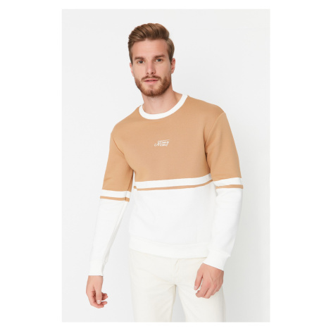 Trendyol Camel Regular/Real Fit Long Sleeve Crew Neck Printed Paneled Sweatshirt