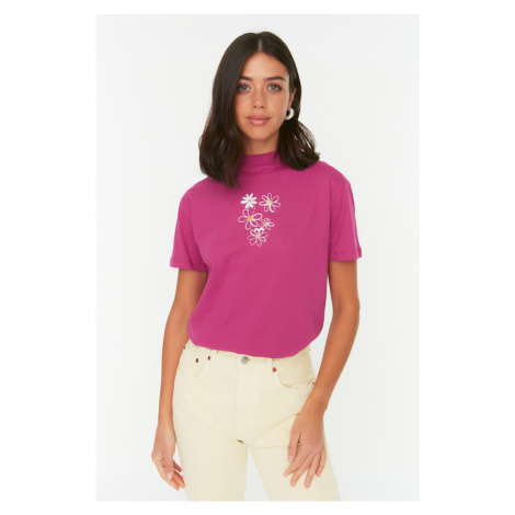 Trendyol Purple 100% Organic Cotton Straight Collar Printed Basic Knitted T-Shirt