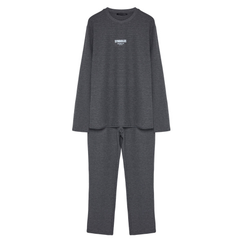 Trendyol Anthracite Regular Fit Printed Waffle Knitted Pajamas Set
