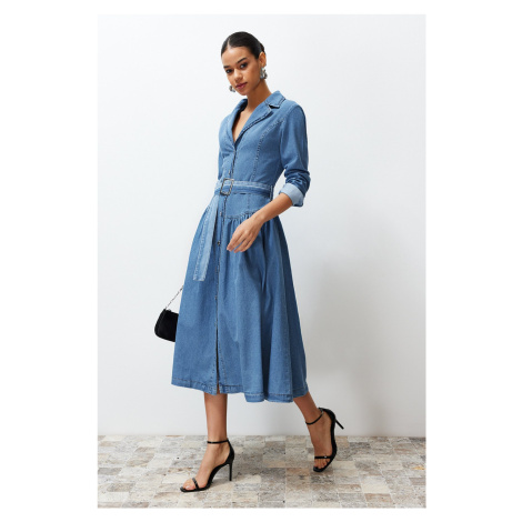 Trendyol Light Blue Belted Jacket Collar Maxi Denim Dress