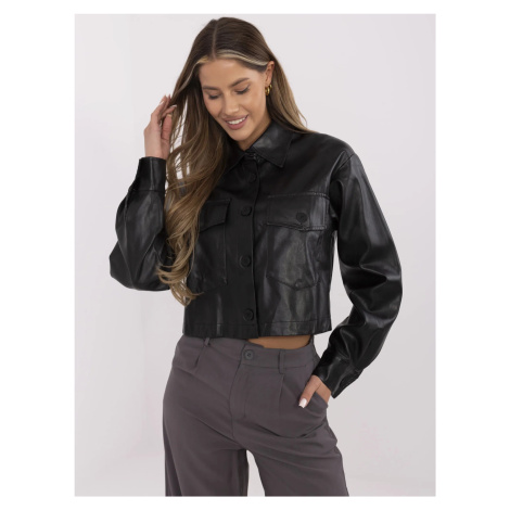 Čierna dámska krátka koženková bunda s golierom HM-KR-MC1201.73P-black