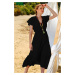 Trend Alaçatı Stili Women's Black Striped Double Breasted Neck Maxi Oversized Crinkle Dress
