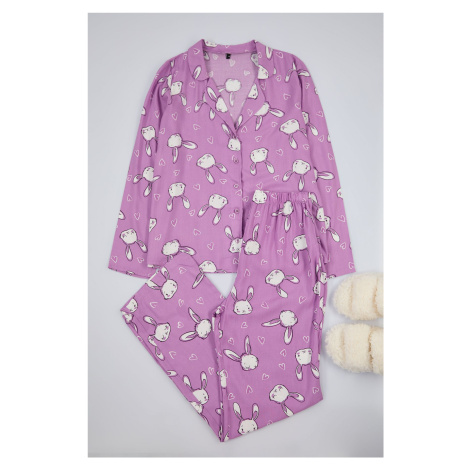 Trendyol Lilac Rabbit and Heart Patterned Viscose Woven Pajama Set