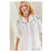 Bianco Lucci Women's Daisy Embroidered Sleeve Fold Ayrobin Linen Shirt