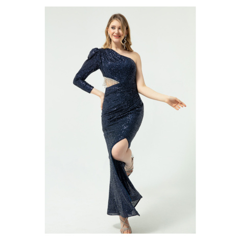 Lafaba Women's Navy Blue One-Sleeve Long Evening Dress with Sequins And Stones.