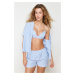 Trendyol Blue 3-Pack Cotton Striped Rope Strap Bra-Shirt-Shorts Woven Pajama Set