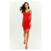 Cool & Sexy Women's Red Accessoried V-Neck Knitwear Midi Dress