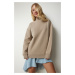 Happiness İstanbul Women's Mink High Neck Basic Raised Sweatshirt