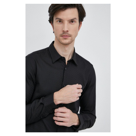 Bavlnená košeľa BOSS pánska, čierna farba, slim, s klasickým golierom