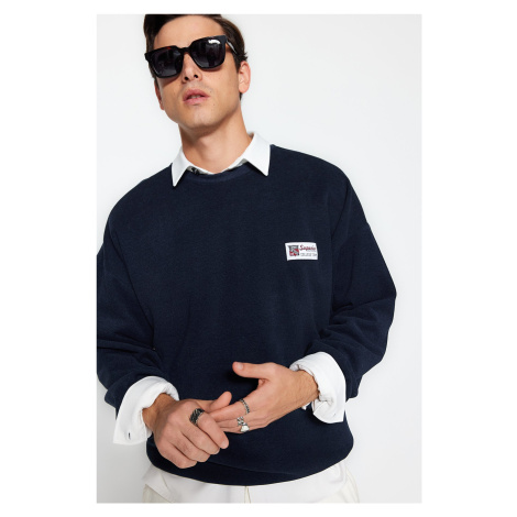 Trendyol Navy Blue Oversize/Wide Cut Soft Texture College Themed Sweatshirt