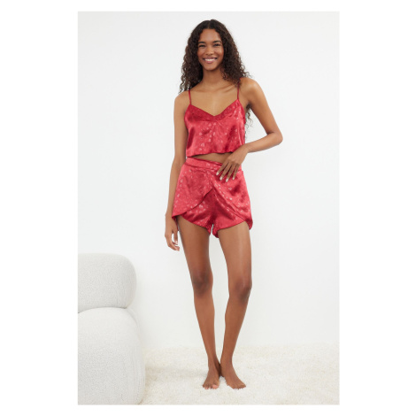 Trendyol Burgundy Satin Heart Rope Strap Woven Pajama Set