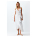 Trendyol White Belted Midi Woven Flounce Beach Dress