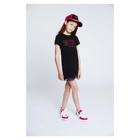Dievčenské bavlnené šaty Dkny čierna farba, mini, rovný strih