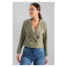 armonika Women's Khaki Double Breasted Collar Gabardine Crop Jacket