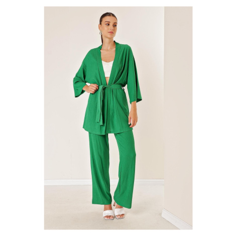 By Saygı Crescent Pants Pocket Kimono Suit Green