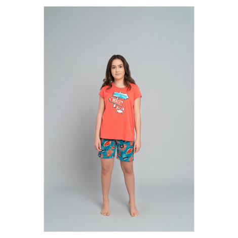 Girls' pyjamas Oceania, short sleeves, short legs - coral/print Italian Fashion