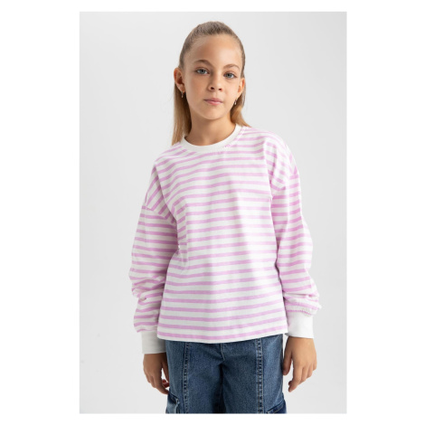 DEFACTO Girl's Crew Neck Striped Combed Cotton Long Sleeve T-Shirt