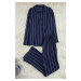 Trendyol Navy Blue Striped Slit Detailed Viscose Shirt-Pants Woven Pajama Set