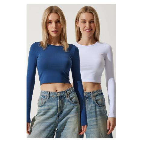 Happiness İstanbul Women's White Indigo Blue Crew Neck Basic 2-Pack Crop Knitted Blouse