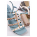 Modro-béžové vybíjané sandále na hrubom podpätku 141428