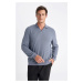 DEFACTO Blue Regular Fit Polo Neck Jacquard Knitwear Sweatshirt