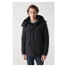 Avva Men's Black Hooded Collar Fibrous Water Repellent Comfort Fit Comfortable Cut Coat