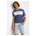 Trendyol Indigo Oversize/Wide Cut Color Block Printed 100% Cotton T-Shirt