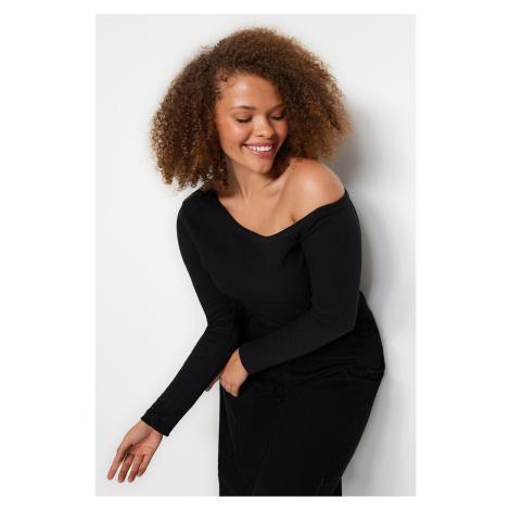 Trendyol Curve Black Boat Neck Corded Knitted Blouse