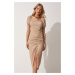 Happiness İstanbul Women's Beige Shirred Wrap Summer Knitted Dress