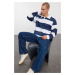 Trendyol Indigo Oversize/Wide Cut Striped Shirt Collar Sweatshirt