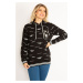 Şans Women's Plus Size Black Hooded Printed Sweatshirt with Ribbed Hem and Sleeves Silvery