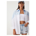 Happiness İstanbul Women's Sky Blue White Block Color Boyfriend Shirt