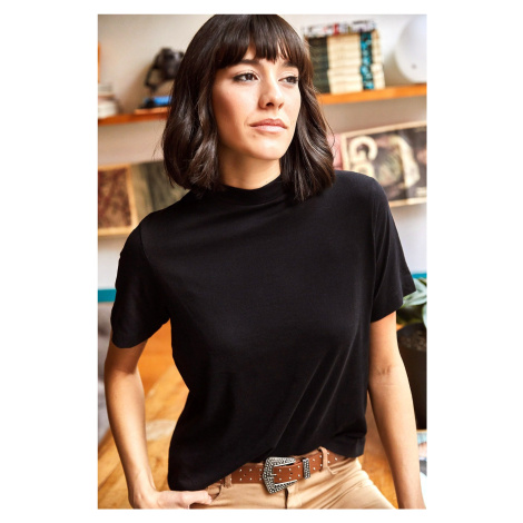 Olalook Women's Black Half Turtleneck Soft Textured Knitted T-Shirt