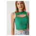 Happiness İstanbul Women's Green Cut Out Detailed Ribbed Crop Knitted Blouse