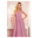 JUSTINE - Dlhé dámske šaty v púdrovo ružovej farbe s brokátom, s výstrihom a zaväzovaním 362-1