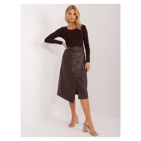 Dark brown wrap cargo skirt made of eco-leather