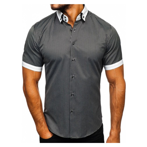 Čierna pánska pruhovaná košeľa s krátkymi rukávmi košeľa BOLF 1808
