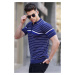Madmext Navy Blue Striped Polo Neck T-Shirt 5734