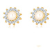 Zlaté 9K náušnice - trblietavý zirkónový kvet, perla bielej farby, puzetky