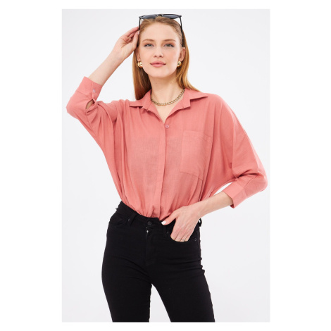 armonika Women&#39;s Dark Pink Loose Linen Shirt with Pockets