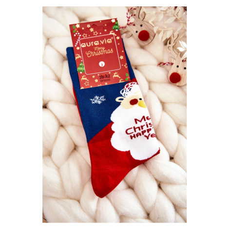 Men's Christmas Cotton Socks with Santa Clauses Navy Blue and Red