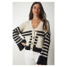 Happiness İstanbul Women's Beige Black Striped Pocket Knitwear Cardigan