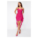 Trendyol Fuchsia Fitted Draped Knitted Short Dress