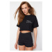 Trendyol Black 100% Cotton Motto Printed Pocket Relaxed Crop Knitted T-Shirt