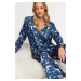 Trendyol Navy Blue-Multicolor Christmas Themed Satin Shirt-Pants Woven Pajamas Set