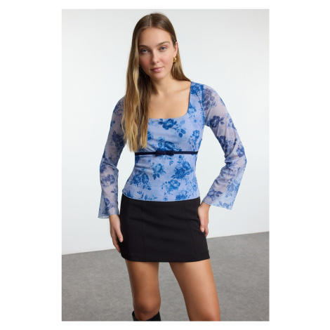 Trendyol Blue Floral Printed Tulle Bow Detailed Fitted Stretchy Knitted Blouse