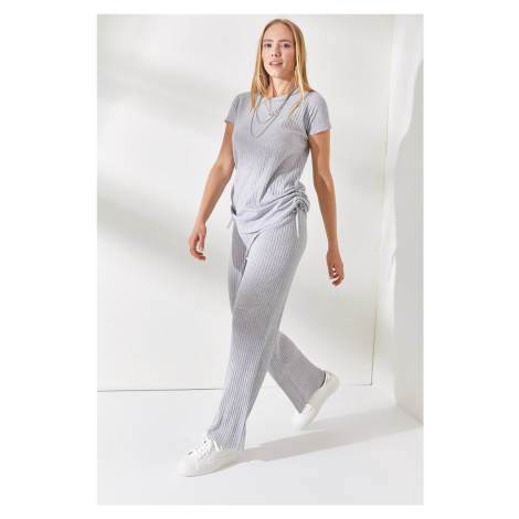 Olalook Women Gray Gathered Blouse Palazzo Trousers Suit