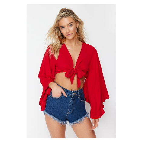 Trendyol Red Crop Woven Flounce Blouse